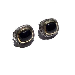 Authentic DAVID YURMAN Albion Onyx Diamond Silver 18k Gold Stud Earrings